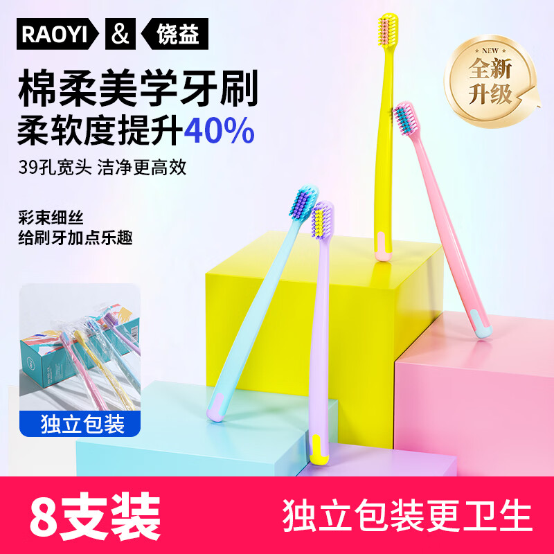 RAOYI宽头牙刷软毛绵柔护龈男女士独立包装便携家庭装 绵柔彩束护龈 8支 赠炫白牙膏*1支