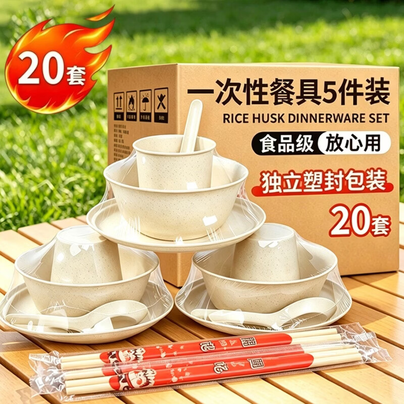 星坊一次性餐具四件套独立包装碗筷子勺杯碟盘子野餐露营餐具20套