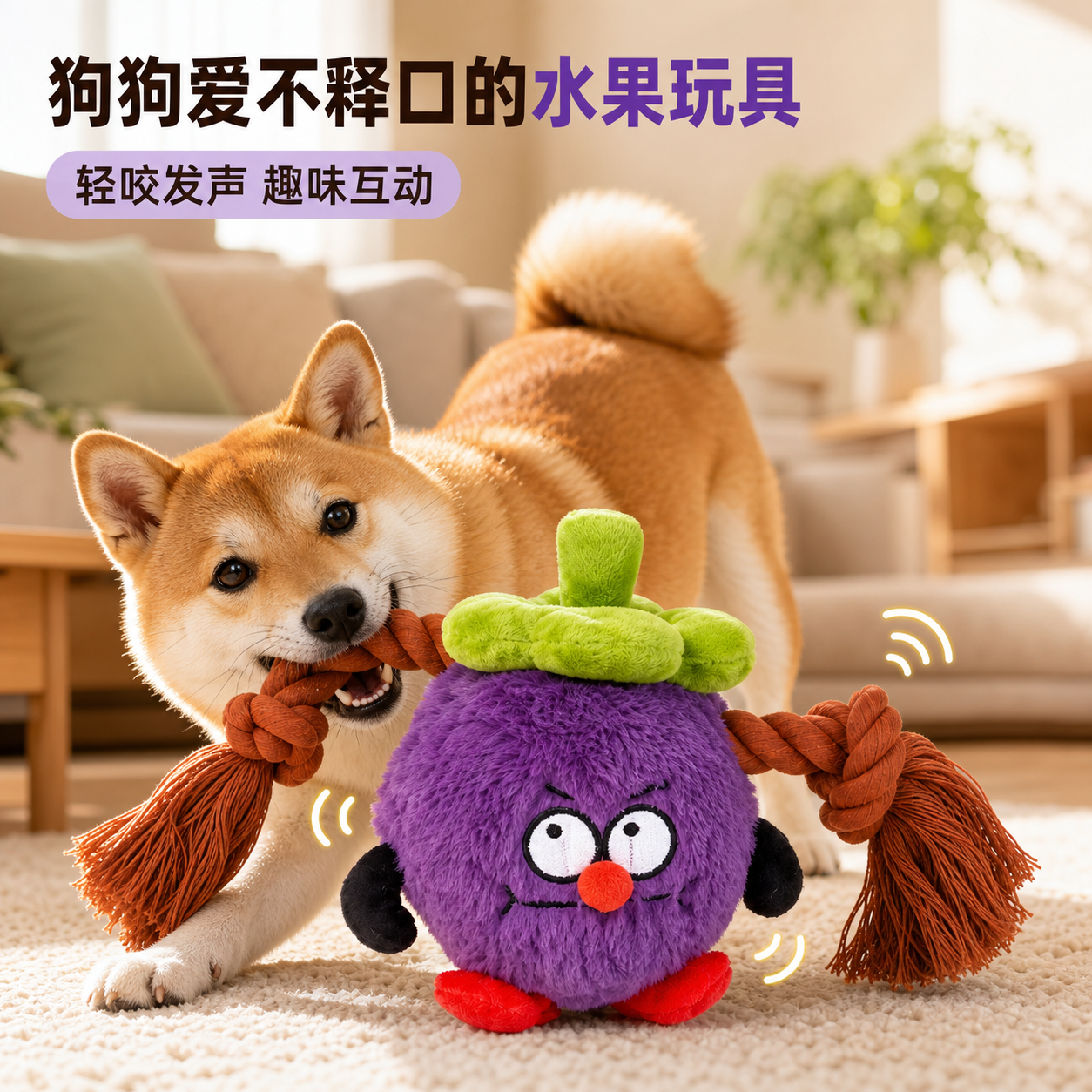 IPAWSPACE狗狗玩具水果发声玩具绳结互动磨牙解闷宠物玩具 【山竹】紫色水果发声绳结玩具