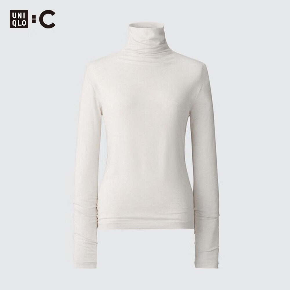 优衣库HEATTECH EXTRA WARM混纺高领T恤/长袖女装9%羊绒478954 485825/30浅米色 S