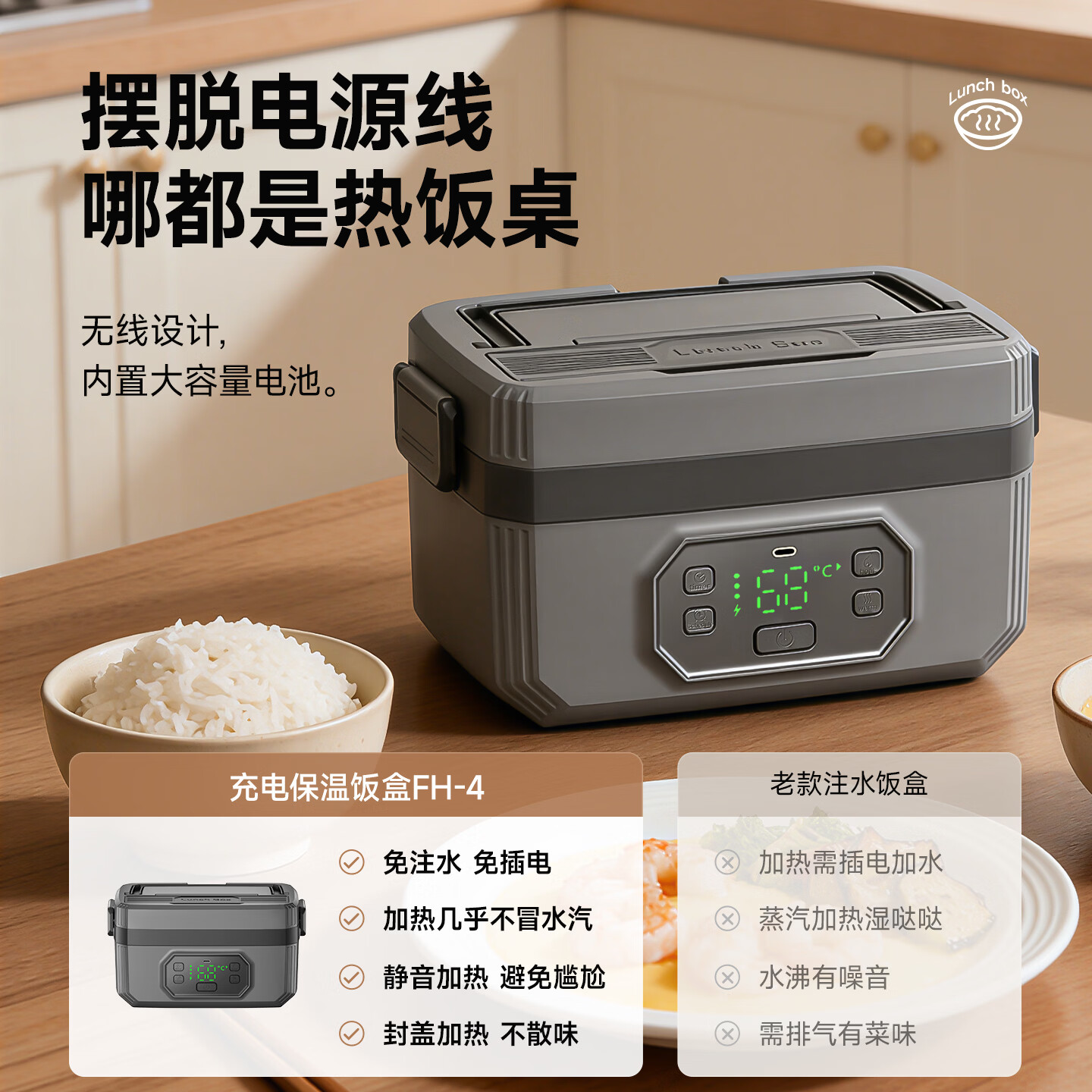 GBTW无线加热饭盒学生上班便携不插电免注水充电自热保温大容量电热饭盒 1.2L 【智能保温+快充+定时预约】