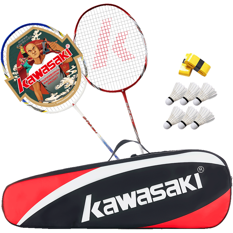 KAWASAKI 川崎 羽毛球拍双拍超轻碳素耐打对拍KD-1蓝红（已穿线+6球+手胶+拍包）