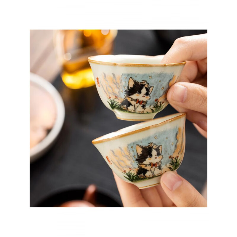 汝窑开片猫型品茗杯可爱猫葵口茶杯个人冰裂釉茶盏 汝窑可爱猫葵口杯 200mL以下