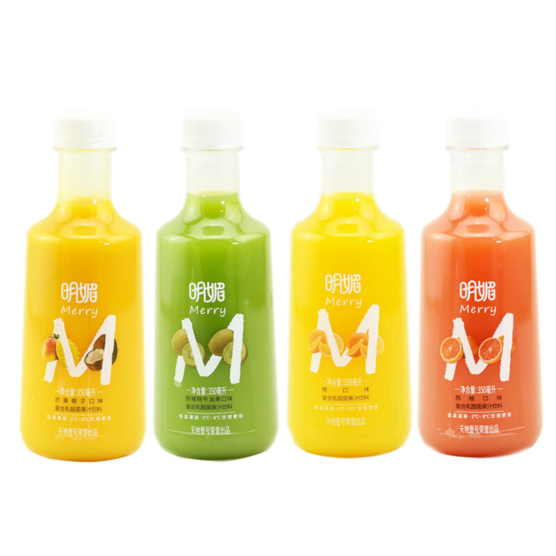 明媚 复合乳酸果汁饮料橙味猴桃味西柚味芒果味350ml*4瓶 4个口味各1