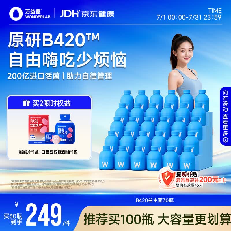 万益蓝WONDERLAB B420益生菌成人男女瘦添加利体素益生元A高活KK菌 30瓶