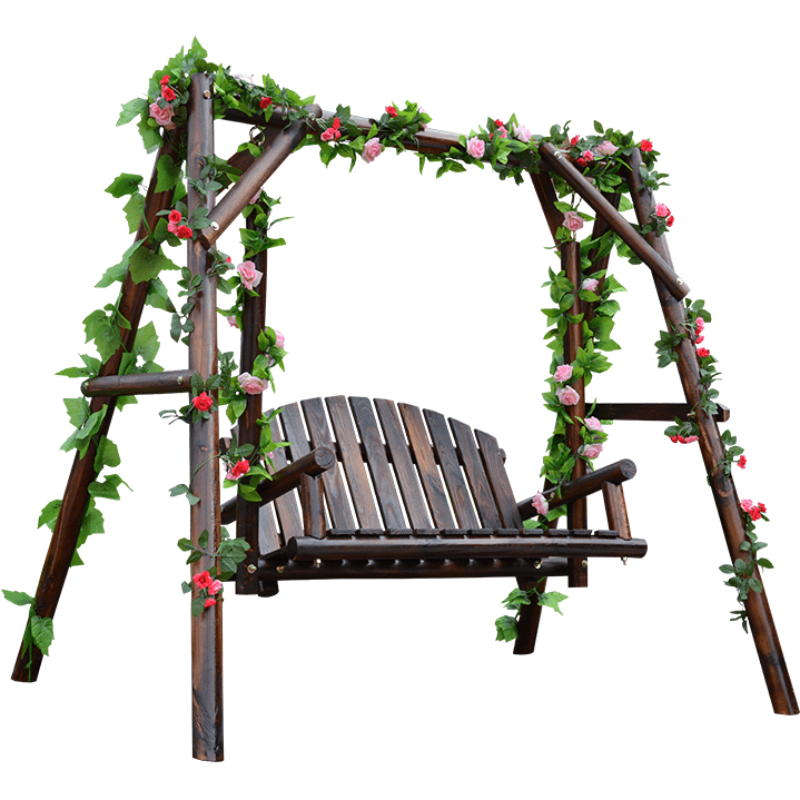 欧芳庭 户外家具 户外实木摇椅碳化木秋千 吊椅秋千 公园花园庭院阳台休闲椅 双人防腐木秋千 【小号秋千】