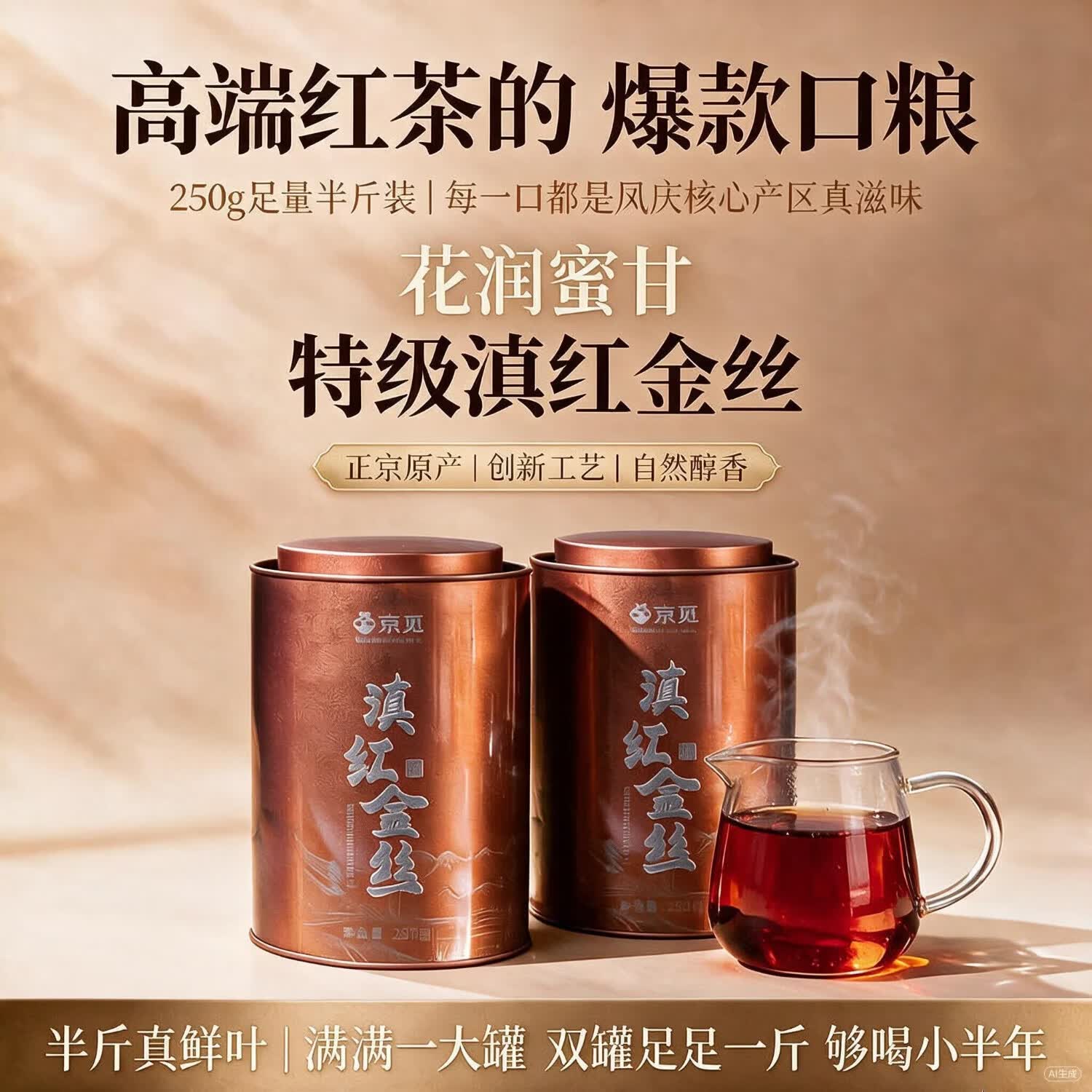 京觅滇红金丝红茶250g凤庆原产蜜香浓郁耐泡尊师佳礼礼盒特级正宗