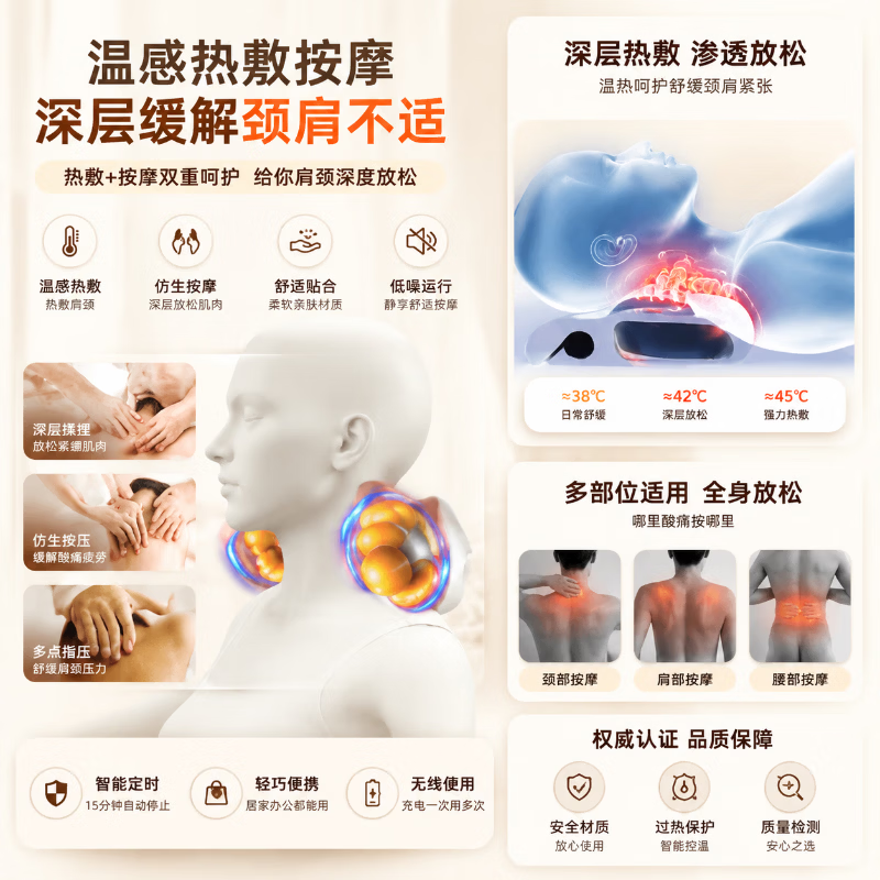 SAWAAG德国颈椎按摩枕2026新款头部颈椎按摩器肩颈腰部睡觉专用多功能按摩热敷腰部颈椎一体全自动揉捏仪 朱砂红【顶配款】10D仿真揉捏 红光热敷 车家两用