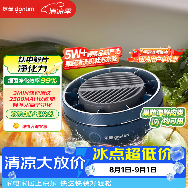 东菱（Donlim）转转果蔬清洗机食材净化机 洗菜机果蔬净化机漩涡清洗高效净化无线便携DL-1326静谧蓝