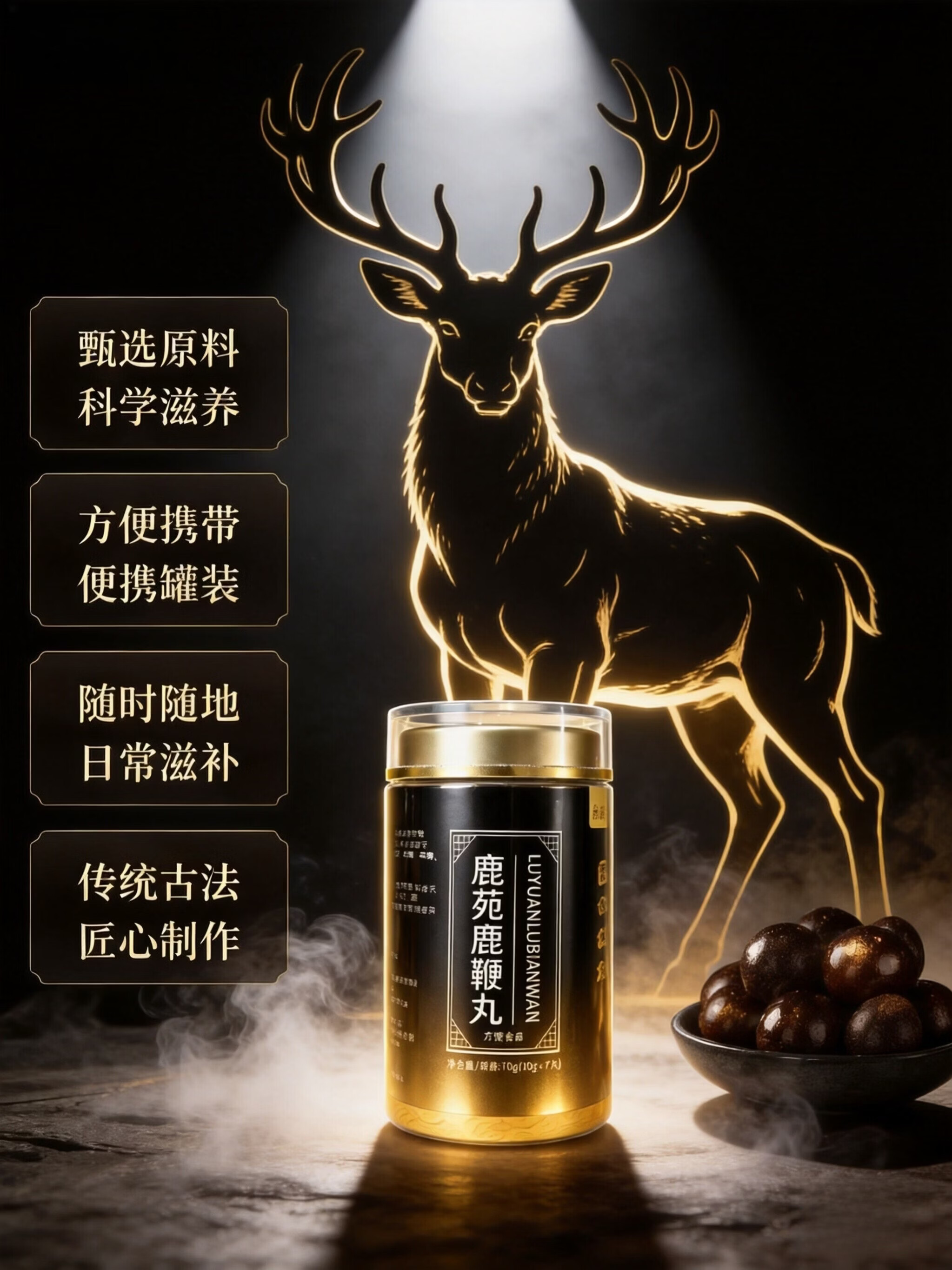 悦创中盟鹿鞭丸传统古法滋补养生 鹿鞭丸/70g1罐装 350g*5罐 鹿制品