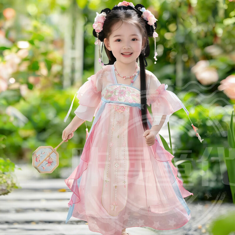 汉服女童2026新款洋装儿童国风古装礼服小女孩古风飘逸公主裙 桃桃露洋装+团扇(+头花、眉心贴) 160