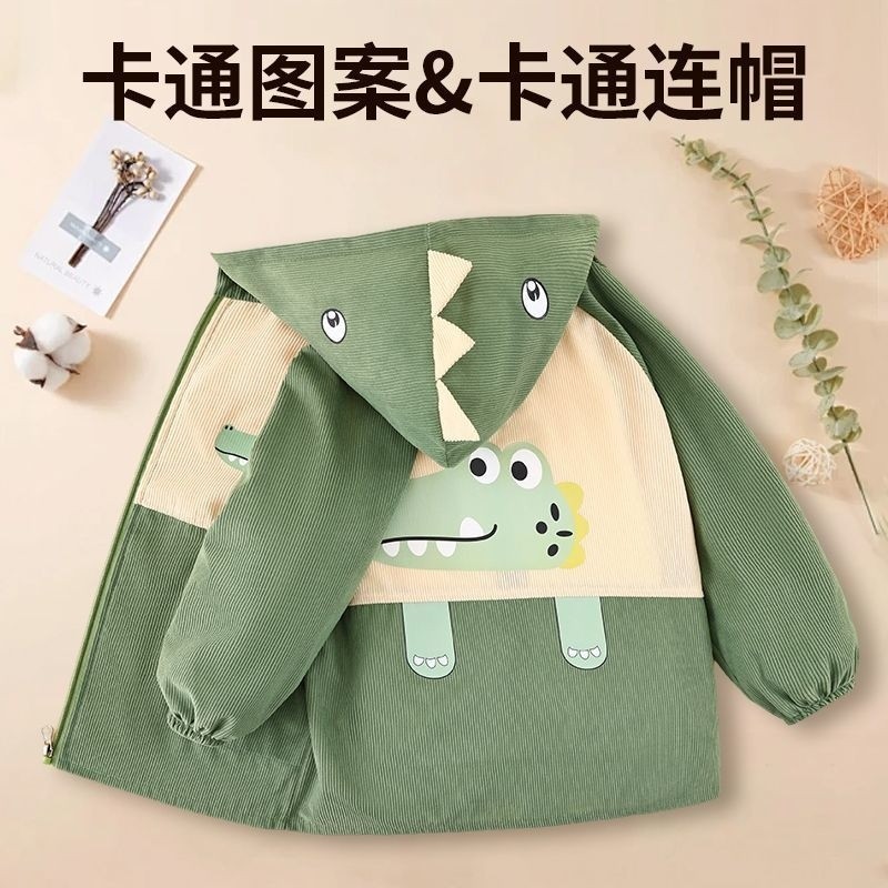 鑫达童中大童罩衣秋冬套棉衣羽绒服外套中小童吃饭衣小孩正穿衣带帽防污 正穿衣恐龙【深蓝+浅蓝】 150码【建议7-8岁】