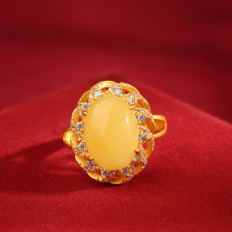 恋聚蜜蜡戒指女小众设计感古法银琥珀蛋面复古开口礼物 宫里上新-众星