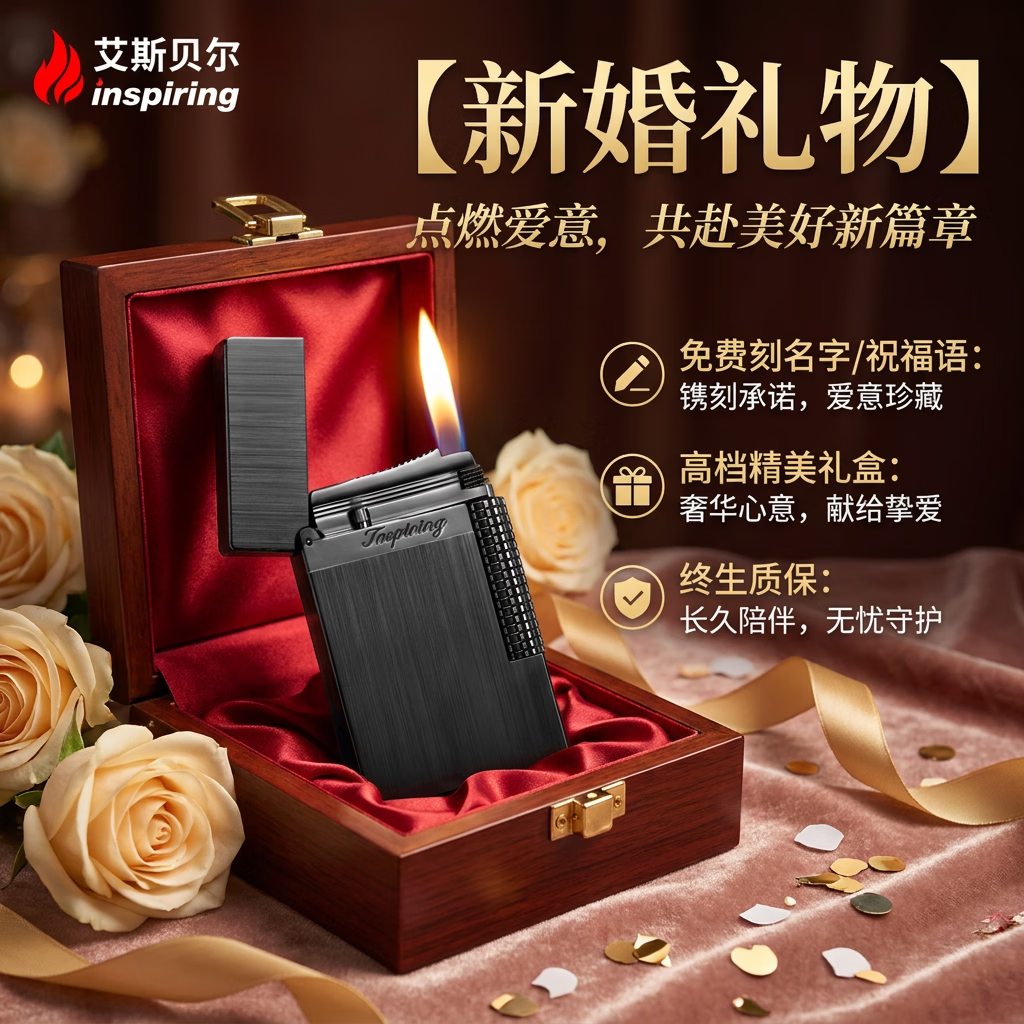 艾斯贝尔（inspiring）新婚礼物送新人高级感有纪念意义实用朗声打火机男士可定制刻字 曼妙丝雨·拉丝黑 套装 1个