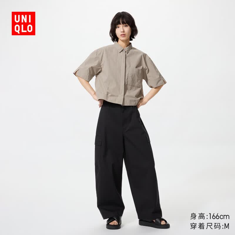 优衣库廓形工装裤女装/弯刀镰刀裤子487393 09 黑色 S