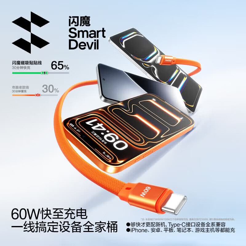 闪魔苹果数据线充电线Lightning快充线适用iPhone17/16/15/14/13/12promax手机华为荣耀手机type-c车载 【苹果15-17】60W磁吸贴贴线-远峰蓝-1米