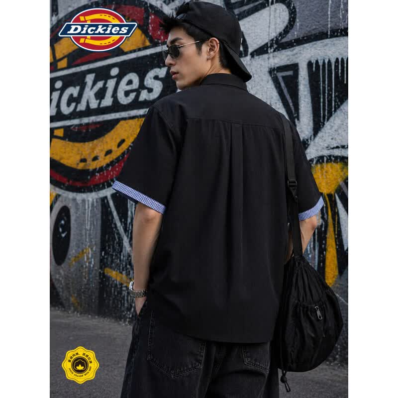 Dickies美式潮牌仿牛仔工装衬衫短袖男款夏季新款百搭辑明线宽松上衣服装 海军蓝 2XL