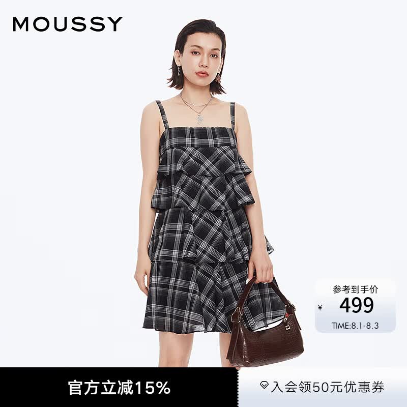moussy 女装新品文艺复古森系格纹吊带连衣裙女028ISZ30-3041 025花纹黑色 M 00002