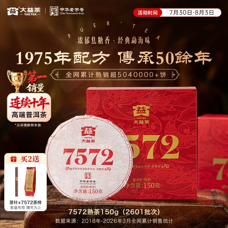 大益茶叶 普洱茶熟茶 7572经典标杆茶 茶叶自饮 口粮熟茶 单饼装150g（2601批次）