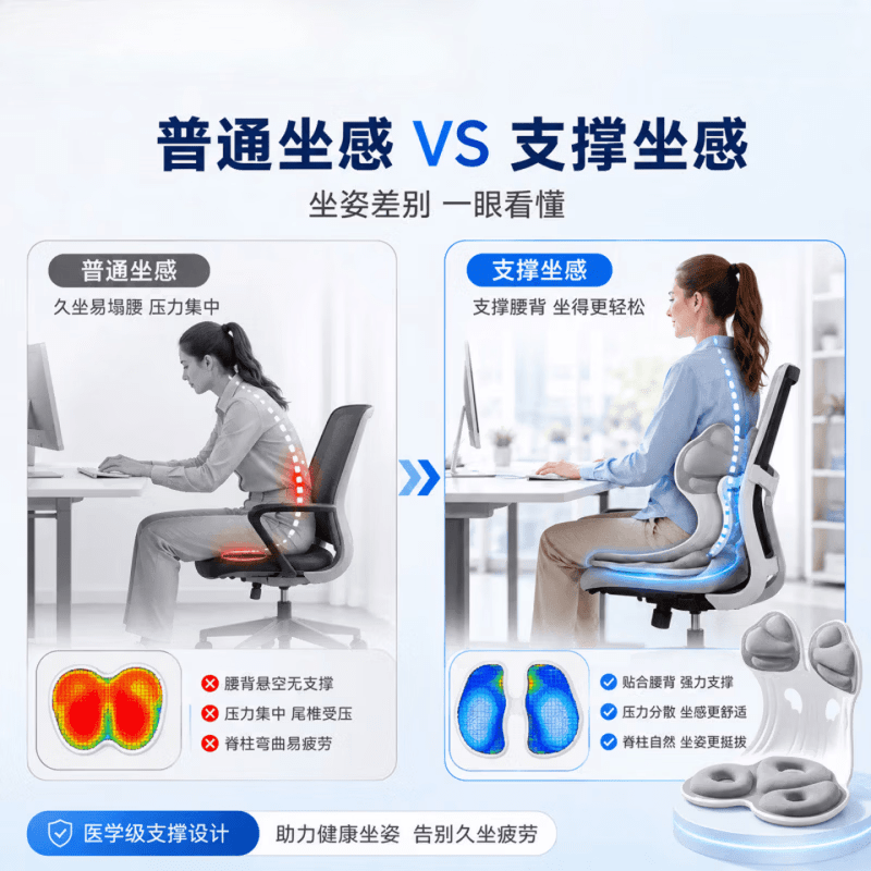 佐译护腰坐垫人体工学设计一体式久坐不累神器腰部支撑靠背靠垫矫正椅 【医用级强支撑 久坐更舒适】灰色 蝶翼支撑