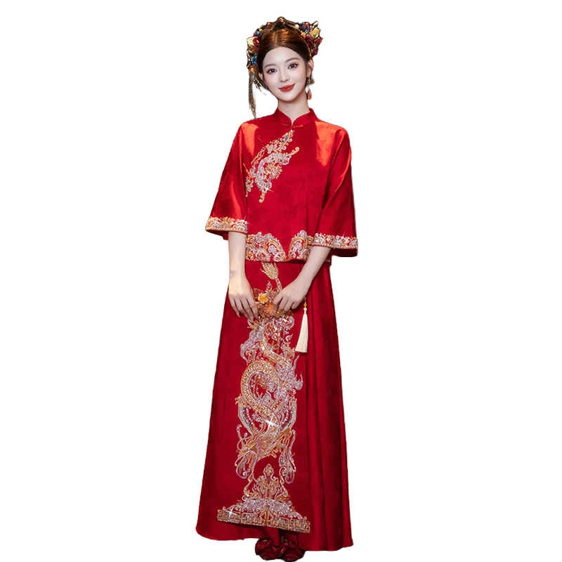 枝己秀禾服新娘婚紗2025新款新中式結(jié)婚禮服古裝嫁衣敬酒服 M016 S