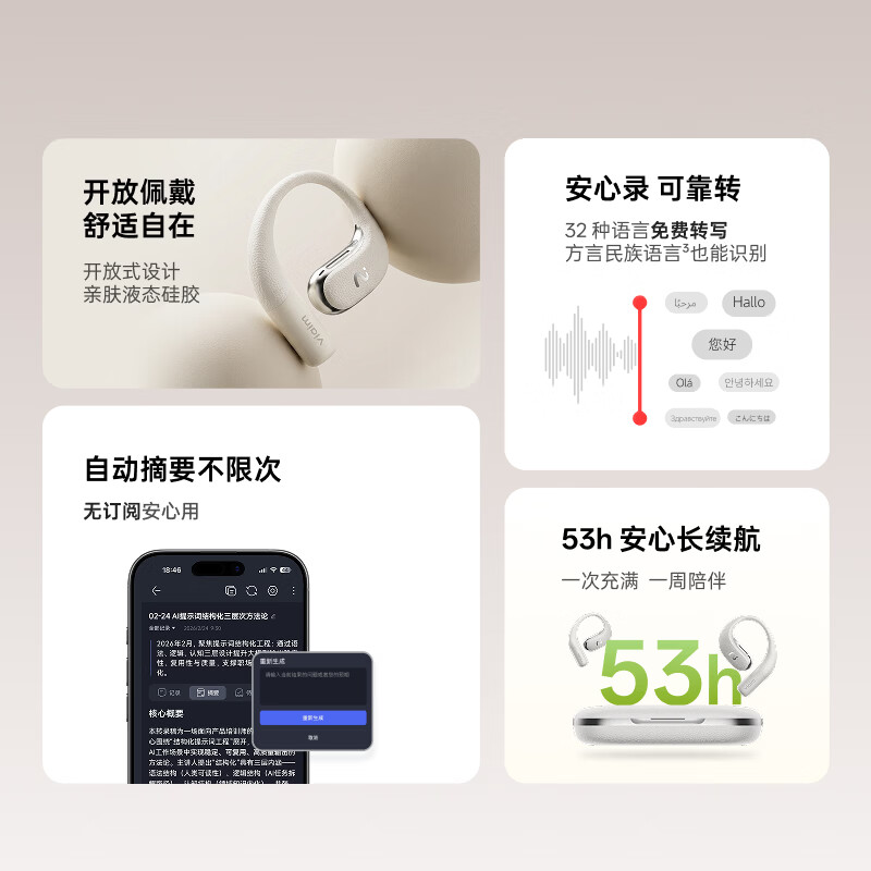 科大讯飞(iFLYTEK)AI会议耳机Air2 翻译耳机 翻译神器 开放式 智能无线蓝牙耳机 挂耳式 适配苹果华为小米 Air2 冰灰