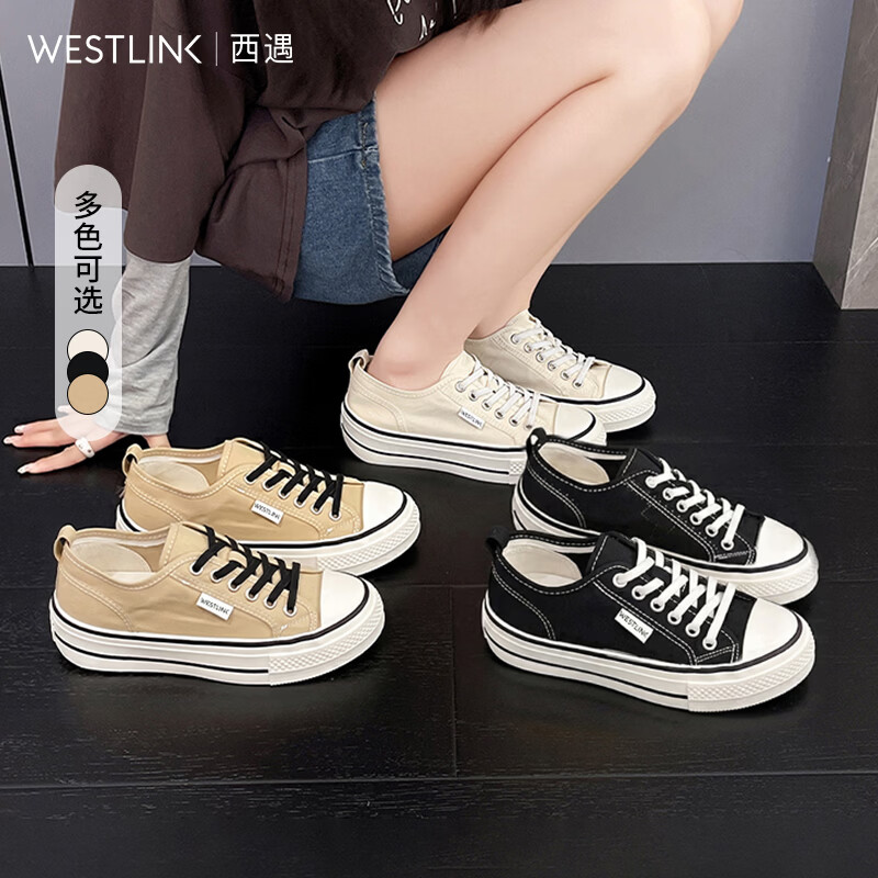 西遇（Westlink）薄款帆布鞋女夏季新款圆头增高运动复古百搭休闲板鞋 黑色 付款20天 39 (245)