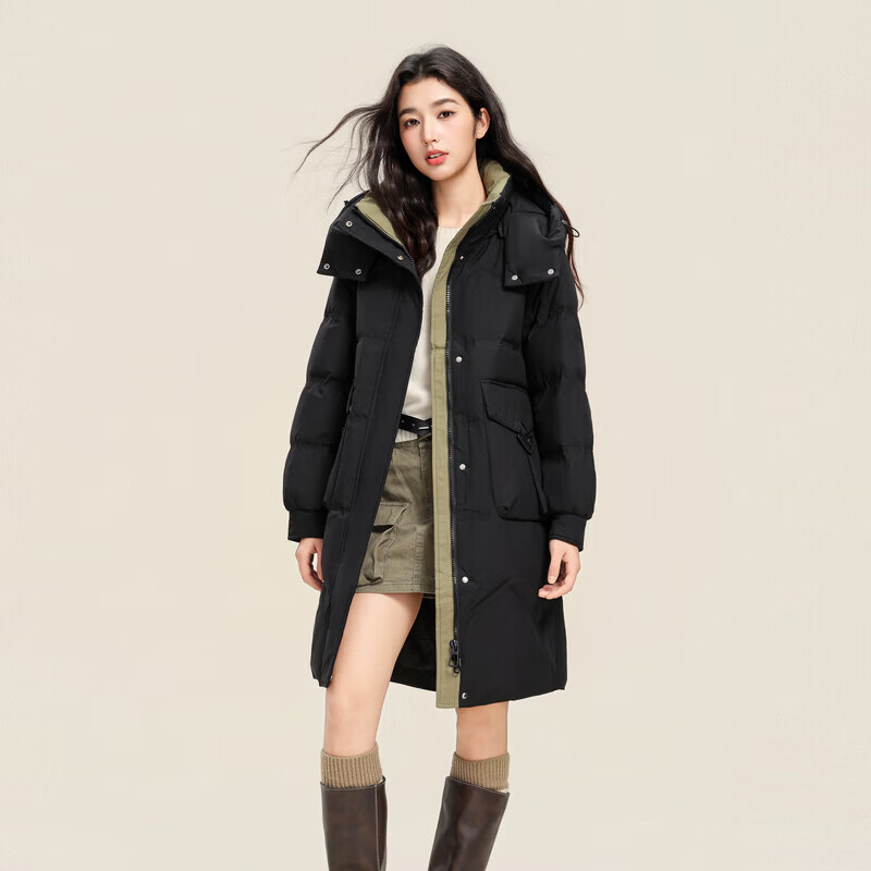 雪中飞冬新款女羽绒服连帽百搭大口袋加厚保暖宽松简约韩版中长款 黑色|8056 L /165/88A