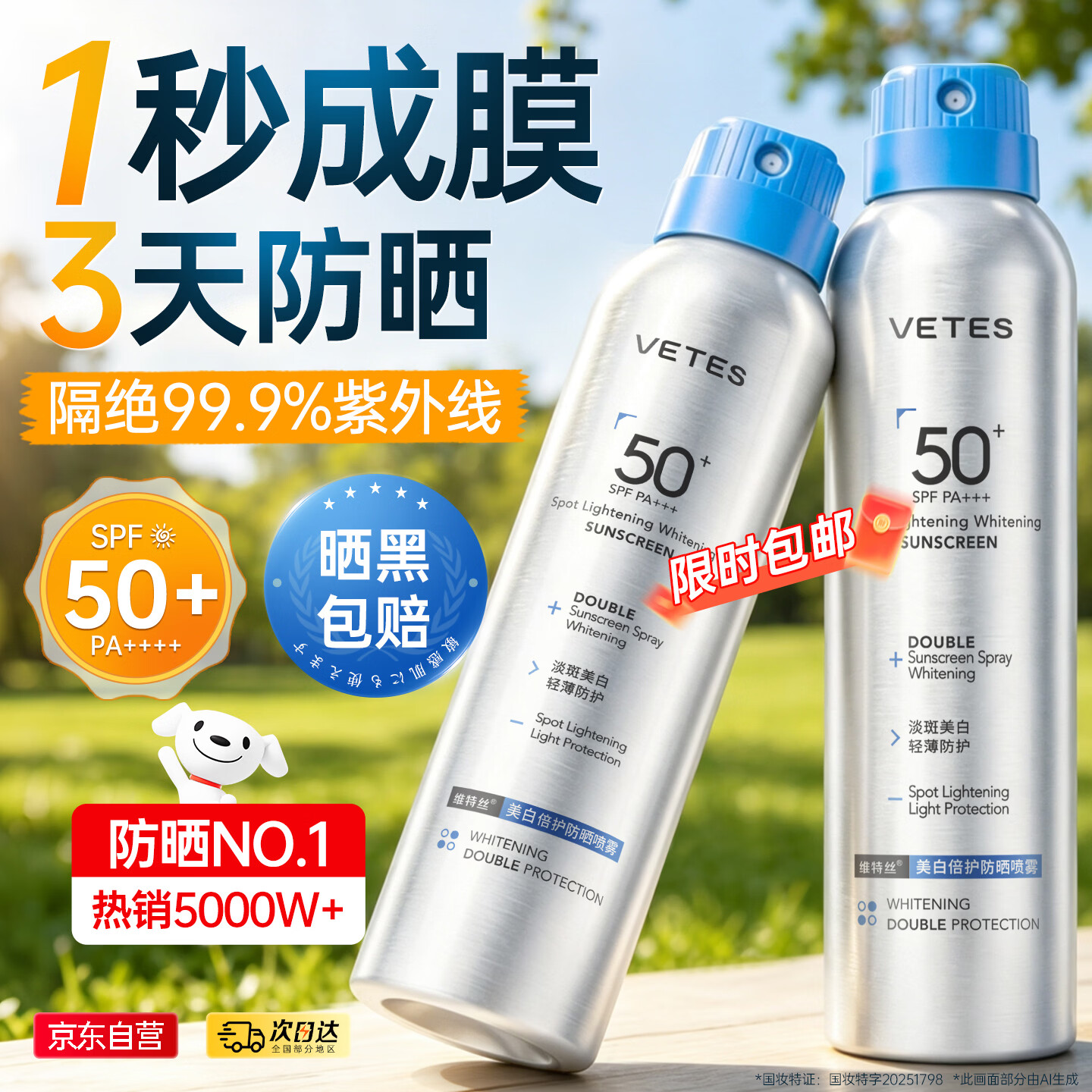 维特丝防晒喷雾霜男女士高倍防水防汗持久防紫外线50+大人儿童军训专用