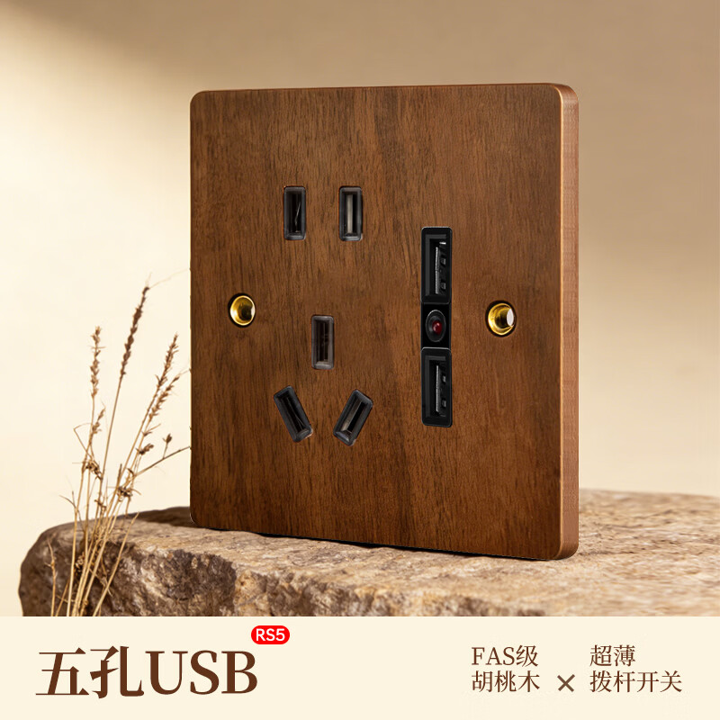 国际电工胡桃木实木开关插座面板中式复古风格黄铜拨杆开关超薄纯平大面板 五孔+USB