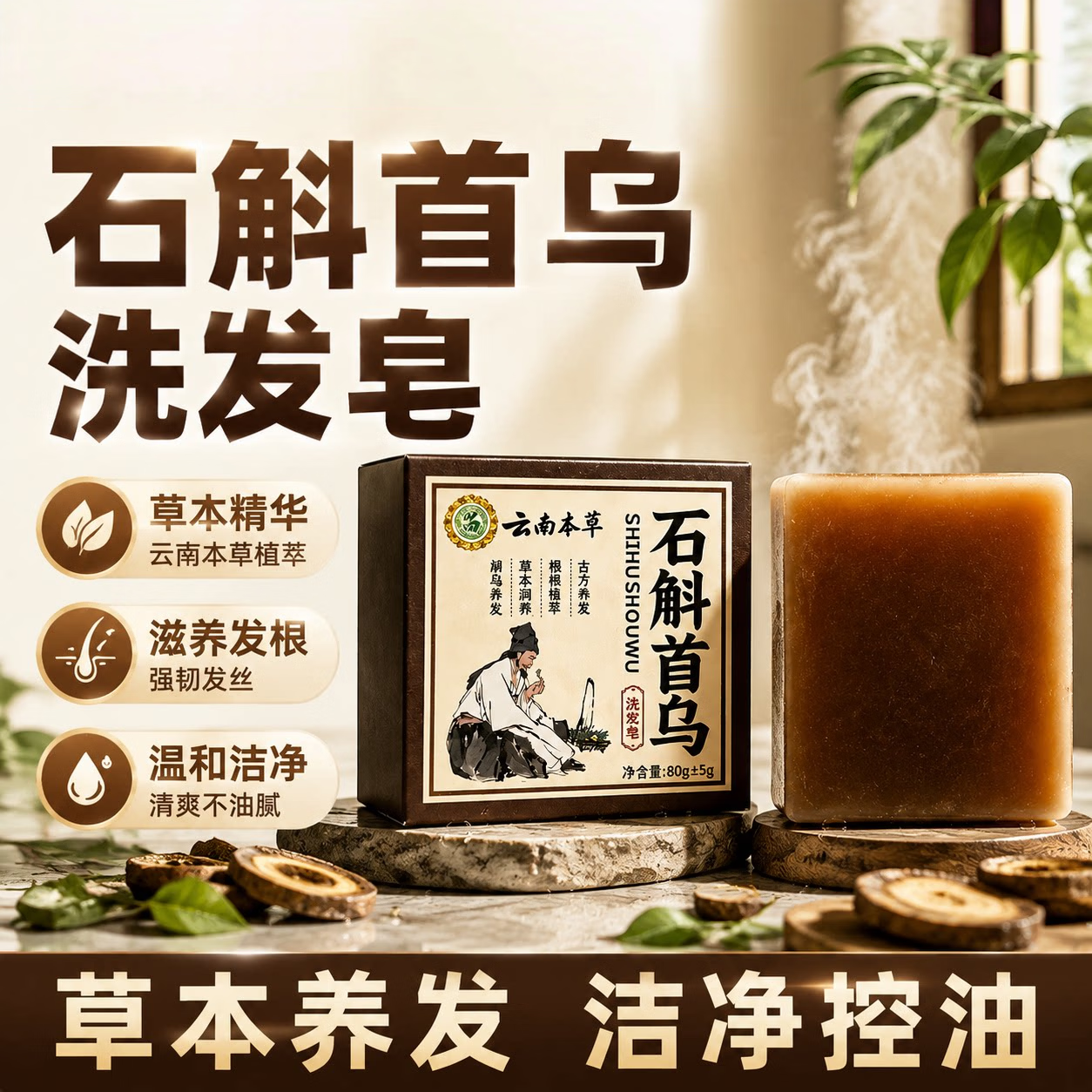 云南本草石斛首乌洗发皂纯手工精油皂洗头皂养发护发滋润不伤头皮官方正品 1盒装*80g【石斛首乌洗发皂】赠泡网