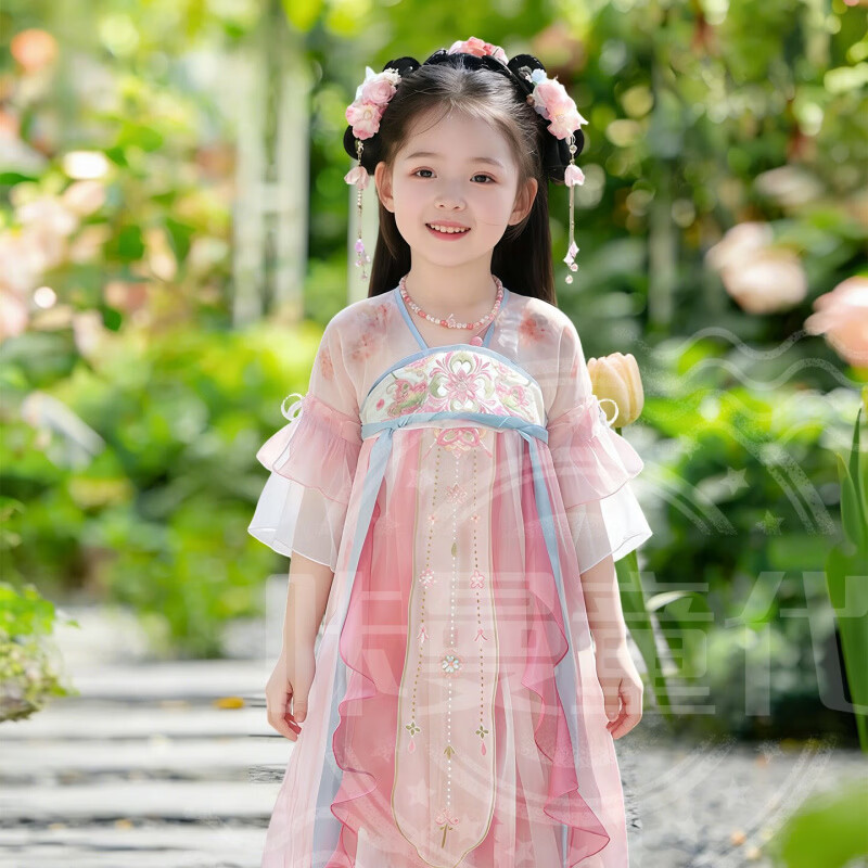 汉服女童2026新款洋装儿童国风古装礼服小女孩古风飘逸公主裙 桃桃露洋装+团扇(+头花、眉心贴) 160