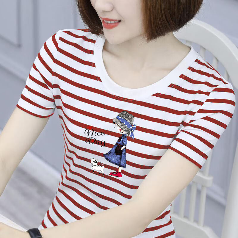 条纹t恤女2024新款夏季韩版修身显瘦女士圆领短袖体恤上衣潮 3051红色
