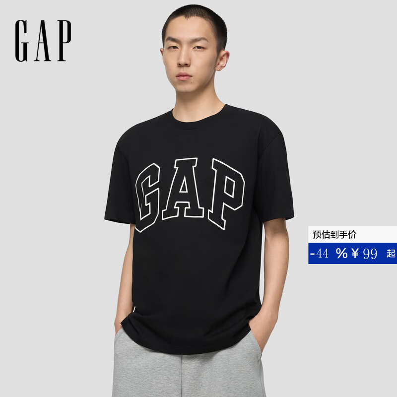 盖璞Gap男女装早秋纯棉印花logo短袖T恤美式725617 黑色 L (175/96A) 亚洲尺码