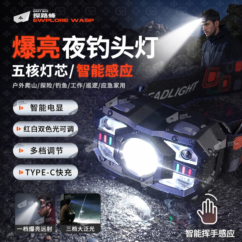 探路蜂头灯强光长续航挥手感应户外钓鱼头灯防水双光照明灯手电筒夜钓灯