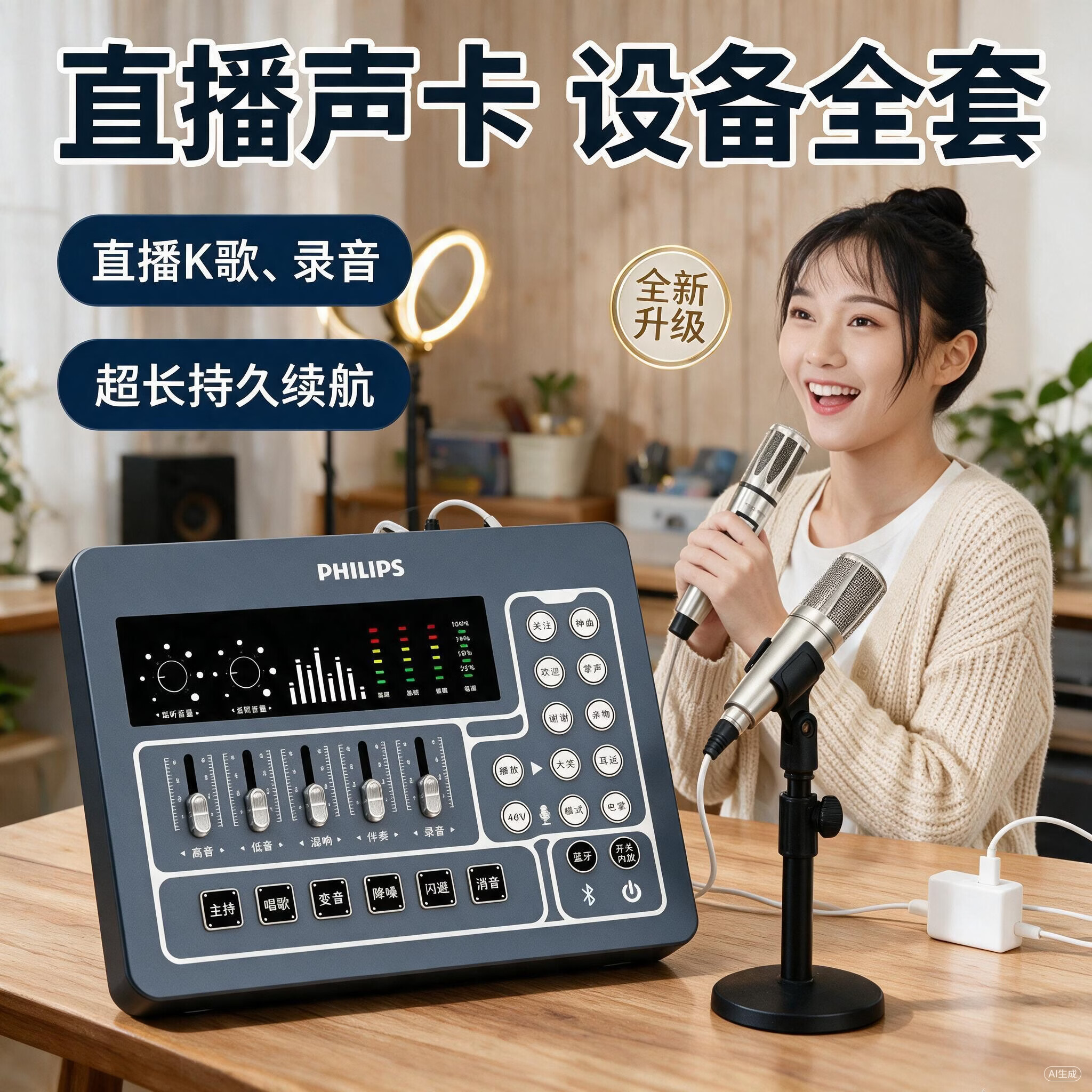 飞利浦(PHILIPS)3031C声卡 手机平板电脑直播专业声卡麦克套装设备 主播直播唱歌录音户内外便携套装即插即用 3031C+3022 48v大振膜麦