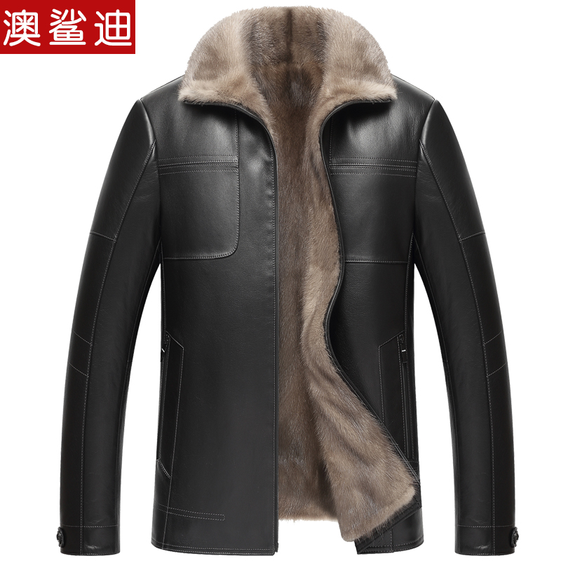 澳鲨迪海宁新款真皮皮衣男士短款进口灰貂整貂牛皮耐磨貂皮大衣男皮毛