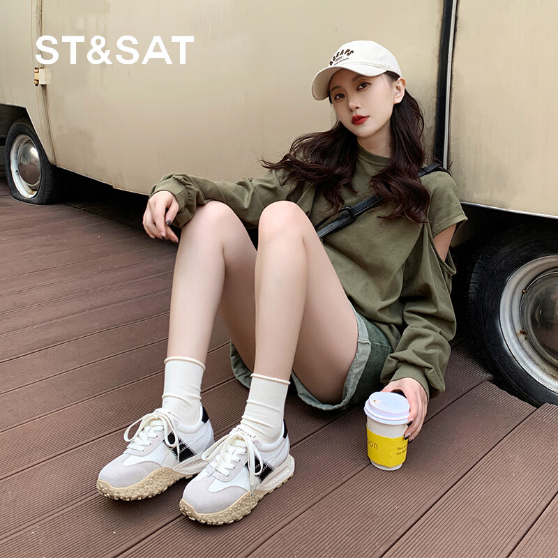 星期六德训鞋女内增高秋季厚底小白鞋休闲软底舒适运动板鞋 米色 36