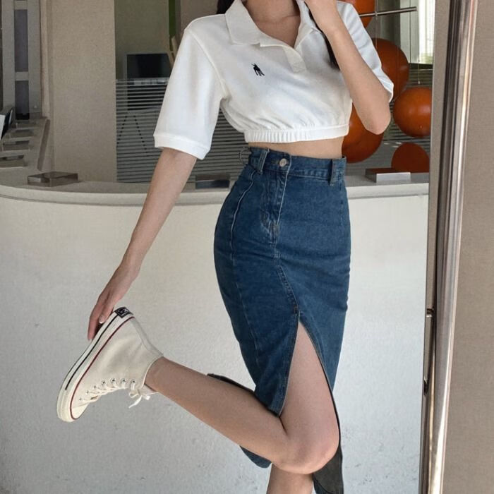 伊渊浅牛仔半身裙女秋冬季中长款开叉包臀裙子韩版复古新款中长裙高腰