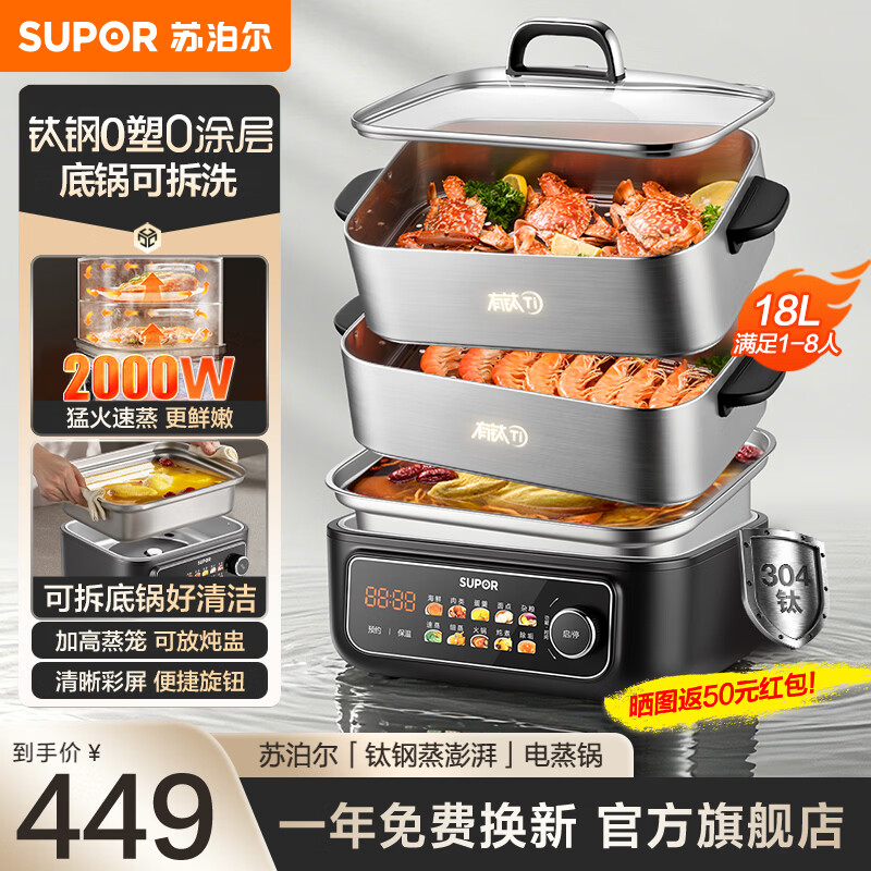 苏泊尔（SUPOR）有钛电蒸锅家用炖蒸煮一体多功能锅2026新款不锈钢0涂层电煮锅电火锅电热锅底锅可拆洗智能预约 18L 智能彩屏+一键除垢