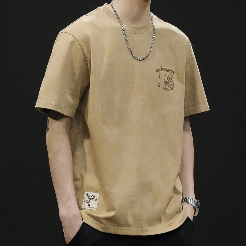 古先森重磅短袖t恤男士宽松大码潮牌夏季2026新款潮流纯棉圆领男装体恤 卡其色 4XL 【200-220斤】