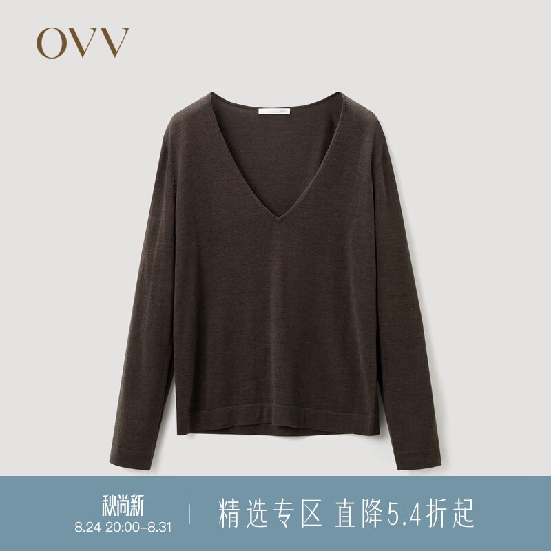 OVV【可机洗黄金羊毛】2023秋冬新款女装简约深V领长袖针织衫 深咖（净色）A6 M
