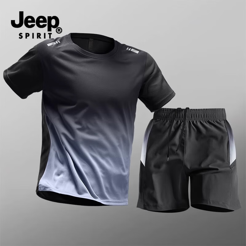 JEEP SPIRIT吉普运动套装男士夏冰丝速干衣健身t恤跑步短袖短裤羽毛球训练服 黑灰 XL