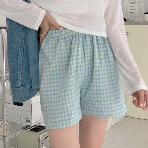 拥抱夏天格子短裤女夏季高腰显瘦阔腿裤可外穿宽松碎花小个子睡裤 蓝格子 均码（80-140斤