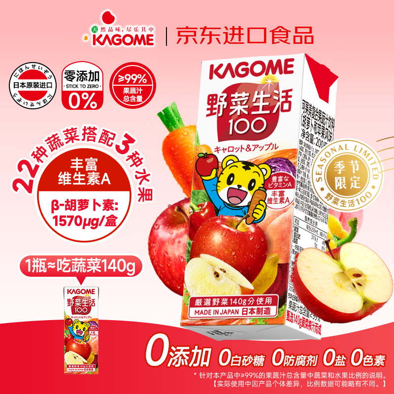 可果美（KAGOME）日本进口21种果蔬 70%蔬菜果蔬汁儿童健康饮料蔬菜汁代餐轻断食 6盒】（橙+葡萄+芒果+苹果+番茄+胡萝卜）各1盒