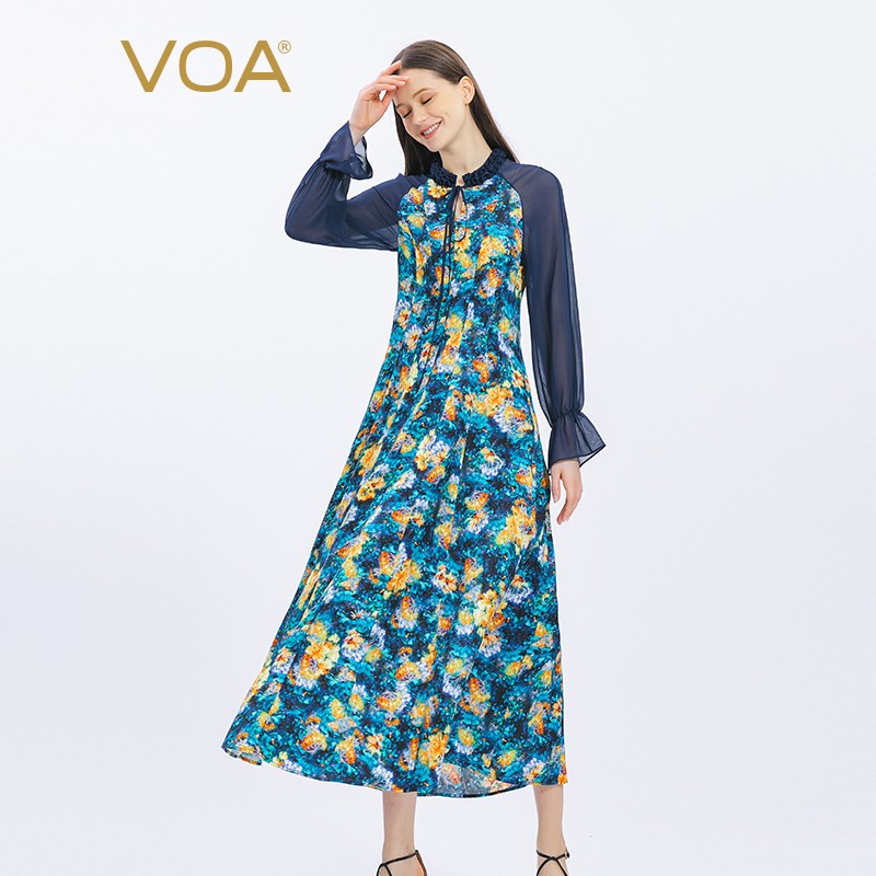 VOA真丝提花立领褶皱喇叭袖宽松系带时尚中长款桑蚕丝连衣裙 AE1311 繁花锦簇（E28） 160/M