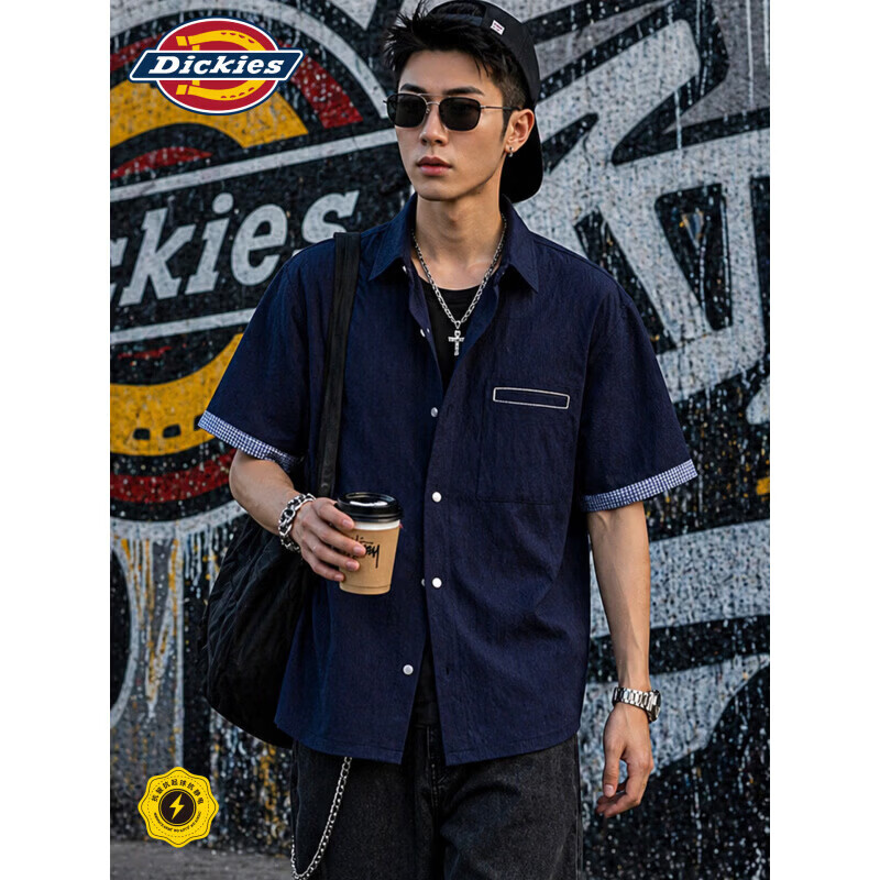 Dickies美式潮牌仿牛仔工装衬衫短袖男款夏季新款百搭辑明线宽松上衣服装 海军蓝 2XL