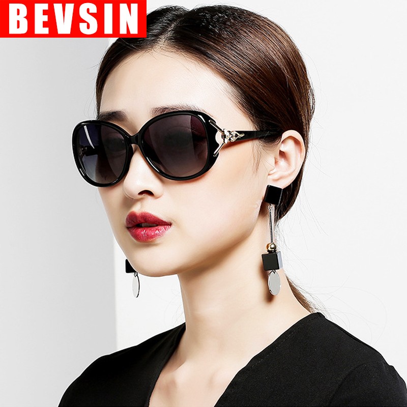 BEVSIN 新款太阳镜女潮偏光墨镜女士圆脸明星款眼镜长脸 黑框渐进灰片