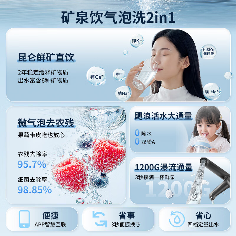 火星人净水器厨下家用净水机鲜矿水微气泡去农残1200G大通量净洗双出水 RO膜反渗透母婴直饮JSJ-S51X01 净水器