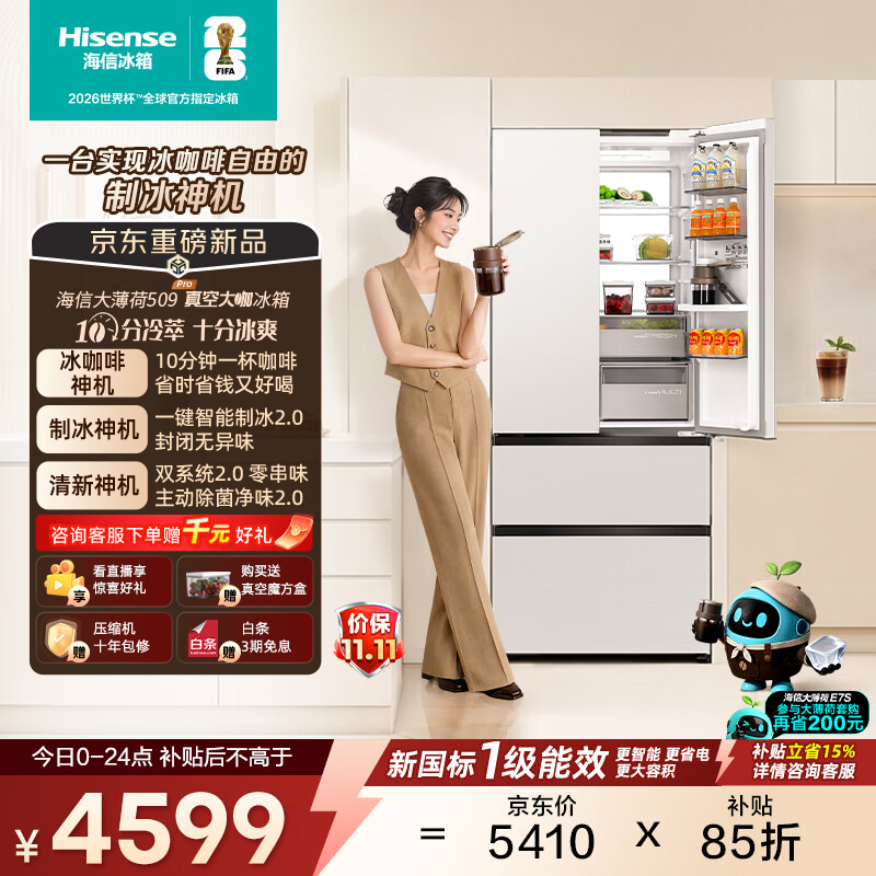 海信（Hisense）大薄荷509Pro【真空大咖】法式冰箱自动制冰10min冷萃咖啡双系统超薄嵌入BCD-509E7SFZSD白